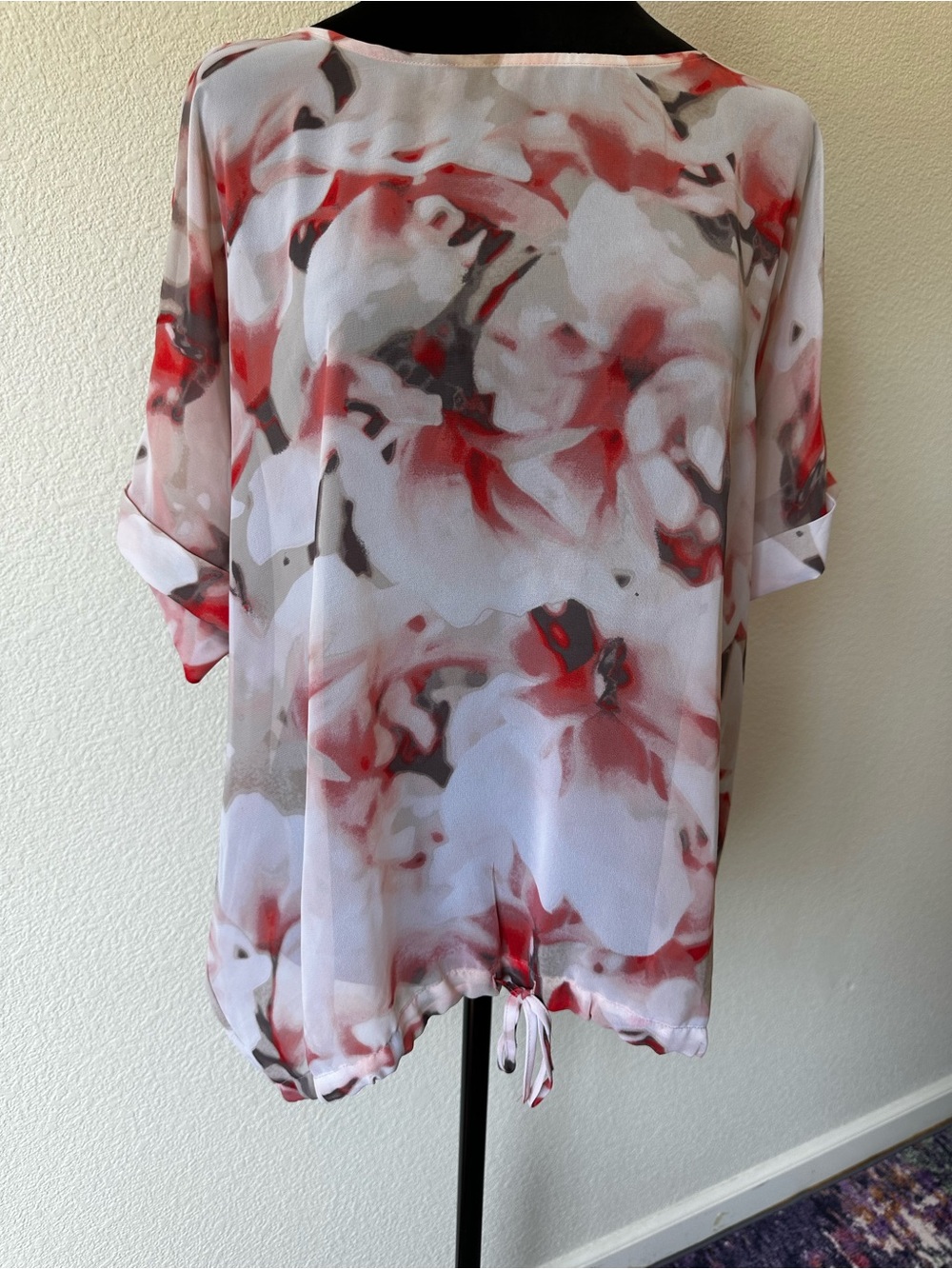 Liz Claiborne XL Pink Red‎ Floral Sheer Blouse Tie Hem Lightweight Top